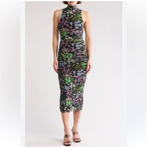 AFRM Los Angeles Sonia Ruched Floral Dress | Black | Small - Picture 1 of 6